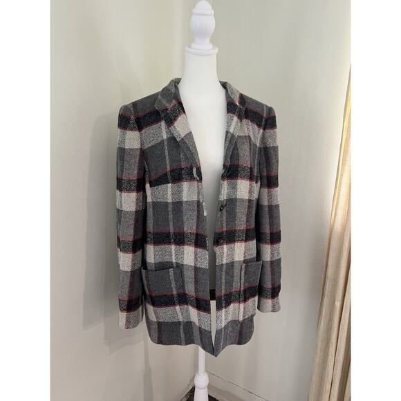 Louis Feraud Wool Blend Tartan Plaid Blazer Coat Jacket Size 12 Vintage Toggle - Picture 3 of 9